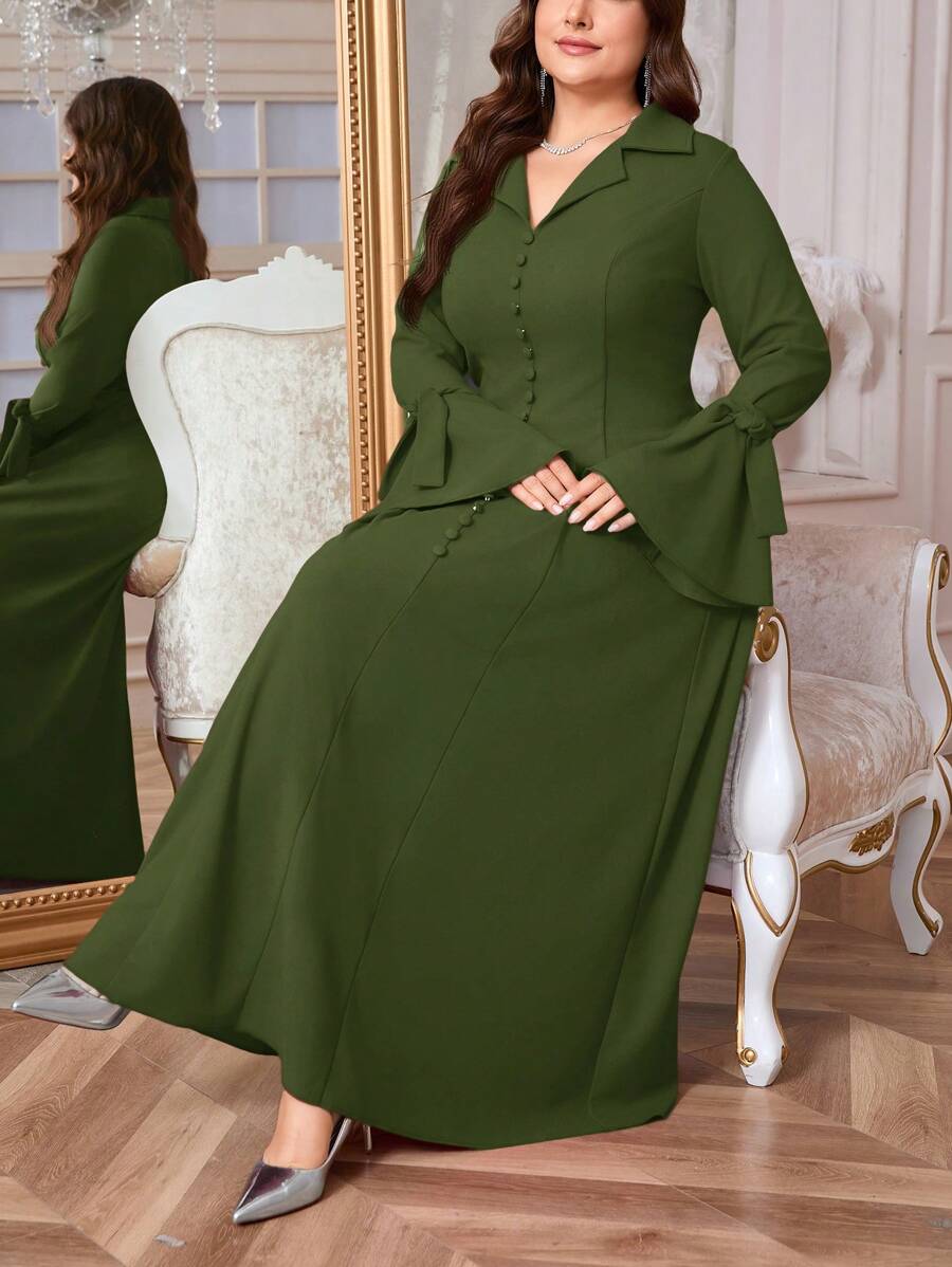 SHEIN Privé Plus Size Women's Elegant Shirt Collar V-Neck Ruffled Sleeve Bowknot Loose Dress, Comfortable Spring/Autumn, Red,Summer Outfits For Women - Army Green - View 1