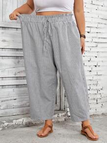 SHEIN CURVE+ Plus Size Vacation & White Striped Ruffle Waist Straight Leg Cropped Pants, Casual Bohemian Trousers