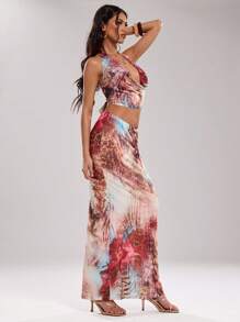 SHEIN BAE Women's Brown Striped Boho Summer Vacation Holiday Animal Print Draped Neck Backless Top And Skirt Set For Beach Music Festival Party Outfits - Multicolor - View 5