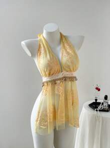 Elamini 女士 Y2K 性感露背蕾丝吊带短款上衣，适合音乐节 - 黃色 - 查看 3