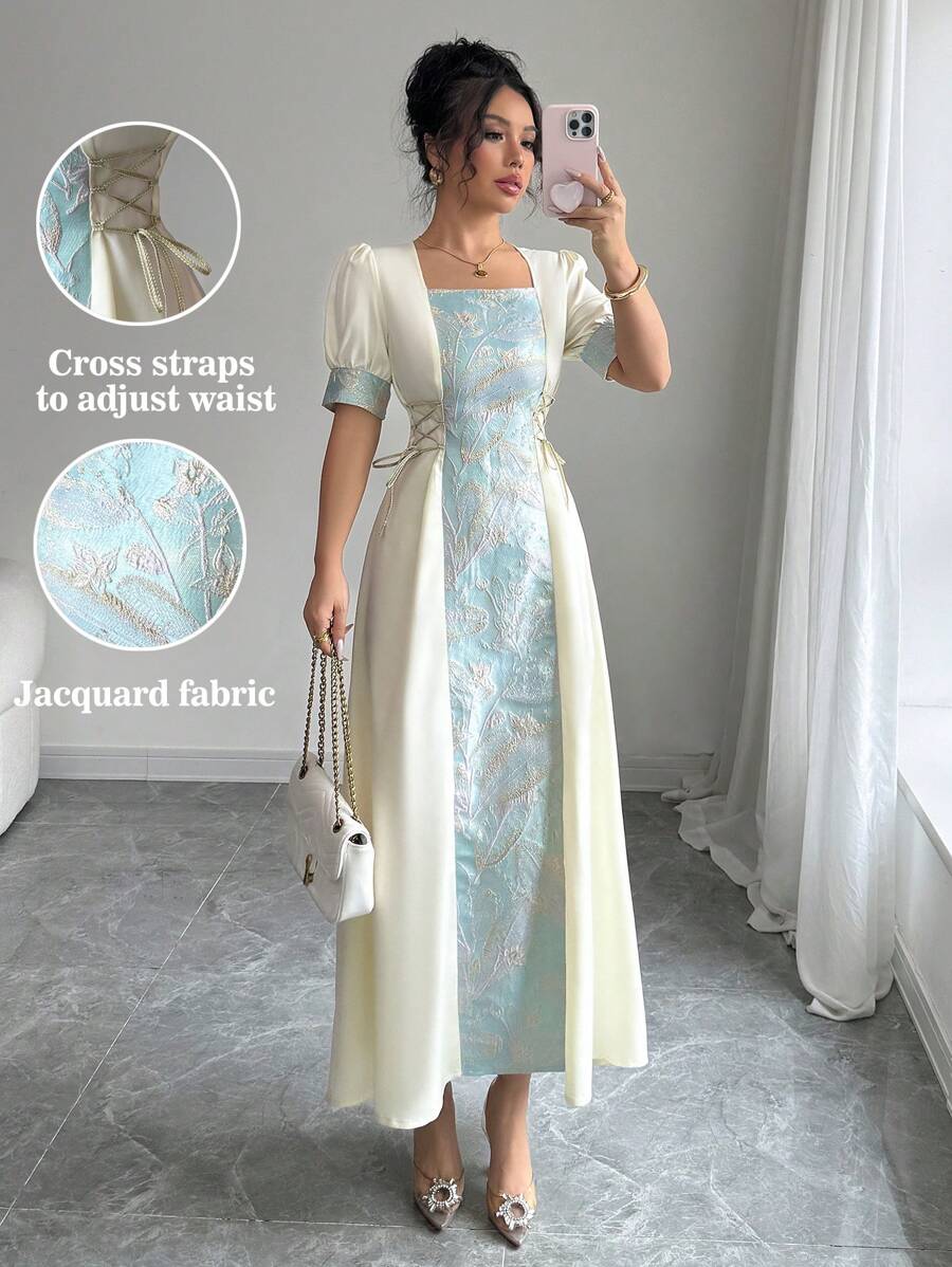 Elenzga Elegante vestito lungo da donna con scollo quadrato, coulisse e tessuto jacquard