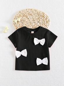 Cozy Pixies Baby Girl Soft Knit Colorblock Bow Round Neck Short Sleeve Pullover Shirt - Black - View 3