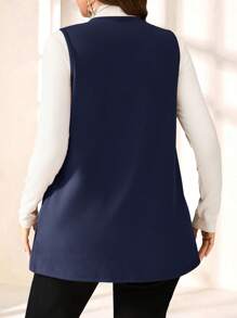 EMERY ROSE Plus Size Solid Color Sleeveless Loose Pocket Simple Casual Jacket,Spring/Summer In Fall/Winter - Navy Blue - View 2