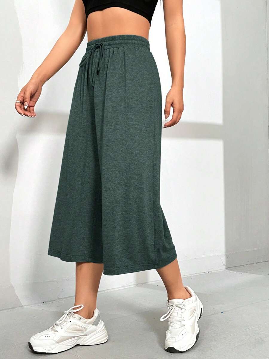 SHEIN EZwear Quần dài thường ngày dệt kim màu xanh lá cây đậm dành cho nữ - Màu xanh lá cây đậm - Xem 1
