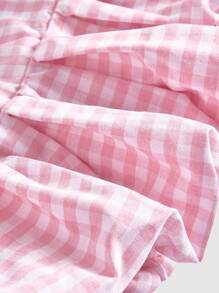 SHEIN MOD Pink And White Plaid V-Neck Halter Neck Bubble Hem Women's Top With Oversized Bow, Date Top, Picnic Top, Brunch Top, Party Wear,New Years Women,Y2k,Tube Top,Valentine Day,Goth,Club Women,Off The Shoulder Top,Wedding Guest Top Women,Cute Tops,Crop Tops Women,Rave Top