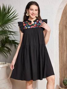 SHEIN Leap Crew Váy chữ A bằng vải voan in hoa cạp chun có viền xếp nếp cho bé gái tuổi teen, phong cách nghỉ dưỡng thường ngày, mùa xuân/hè - màu đen - Xem 4