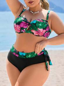 Swim Lushoire Plus Size Women 2pcs/Set Random Tropical Plant Print Asymmetrical Ruffle Top & High Waist Triangle Bikini Set, Simple Vacation & Daily Swimsuit