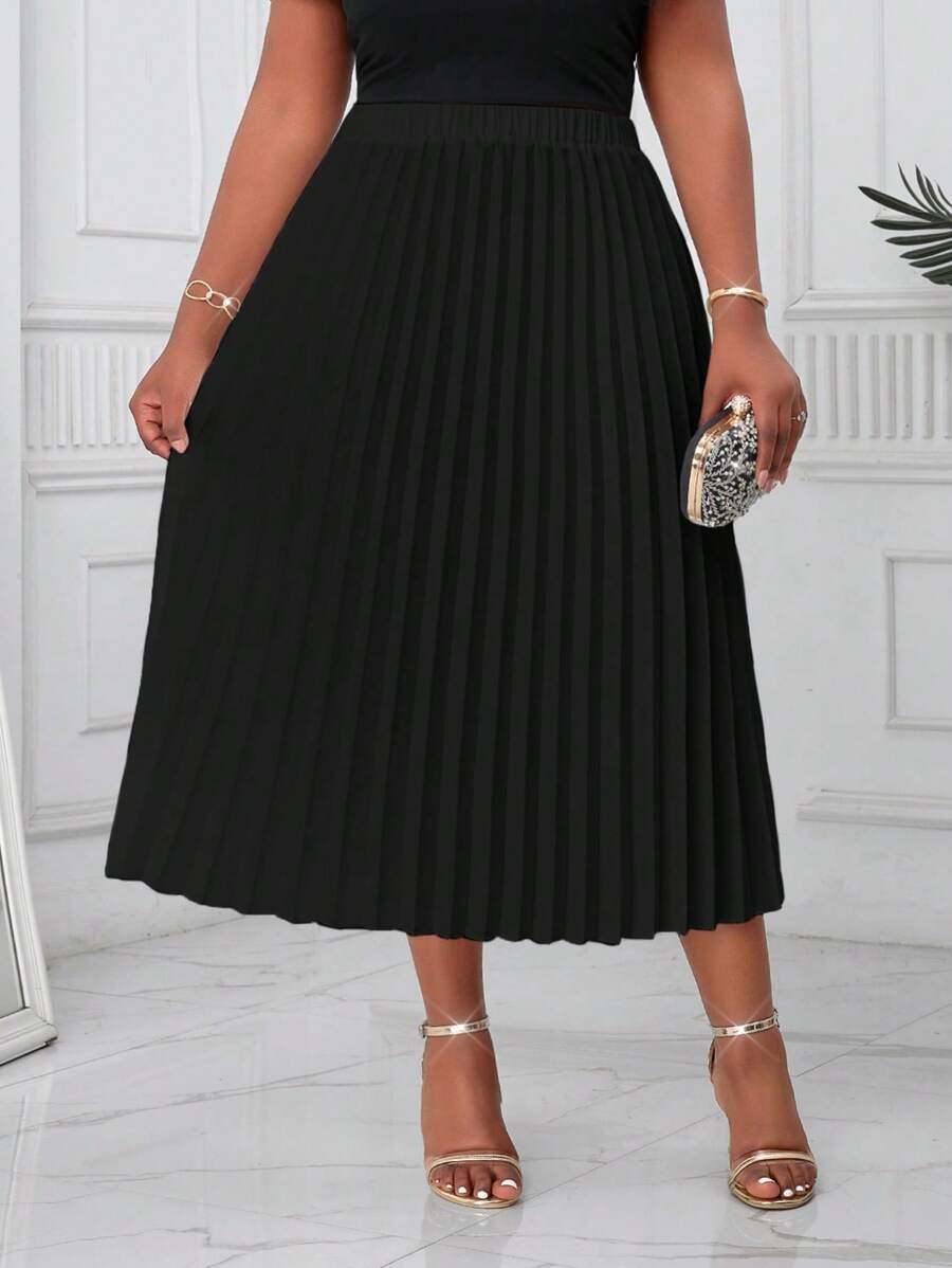 SHEIN Lady Váy midi xếp ly dệt kim màu trắng cỡ lớn cho tiệc cocktail công sở đi làm thanh lịch mùa xuân và mùa hè - màu đen - Xem 1