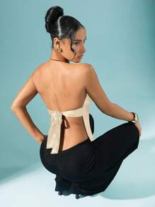 Hauture Satin Low Neck Backless Holiday New Year Party Top,Rave Top