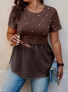 Calvaya 珍珠细节大码二合一撞色 T 恤图案 T 恤女式上衣 - 巧克力棕 - 查看 5