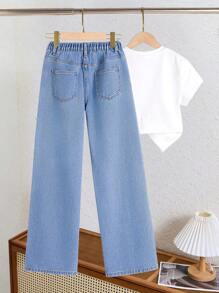 Tween Girl 休闲牛仔裤，时尚蝴蝶刺绣设计，百搭，直腿喇叭裤，不含上衣 - 中等水洗藍 - 查看 2