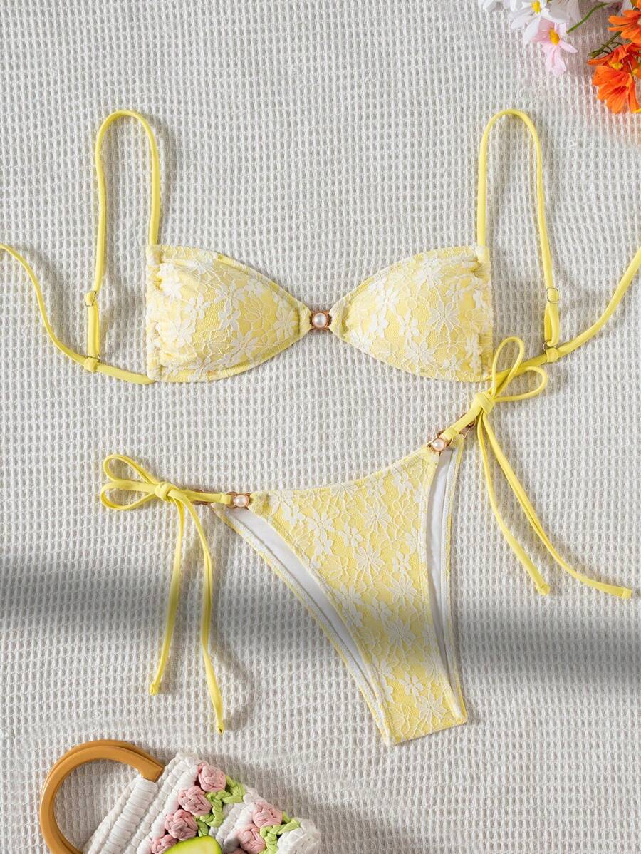 Swim Mod Trang phục bãi biển mùa hè cho phụ nữ - Đồ bơi gợi cảm bằng vải ren ngọc trai - Màu vàng - Xem 1