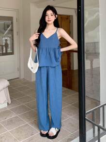 DAZY 2pcs/Set Women Summer Casual Solid Color Camisole And Long Pants,Ruffle