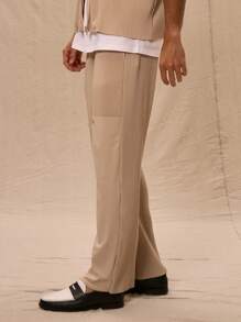Musero Pantalones rectos de estilo de carpintero con textura acanalada para hombres, solo Bottom, PRIMAVERA VERANO - Beis - Ver 3