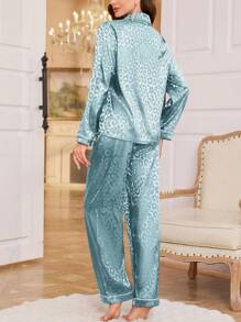 SHEIN Animal Print Jacquard Knit Women Pajama Set, Fall Winter Clothes - Blue - View 2