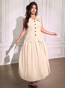 SHEIN Unity Bộ 2 chiếc áo vest và váy xếp li trang trí hoa cỡ lớn - Màu be - Xem 3