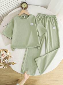 SHEIN 2 件套 Tween 女童休闲简约舒适圆领短袖 T 恤和裤子套装 - 薄荷綠 - 查看 4