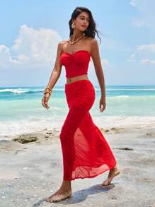 Opulessa 2pcs/Set Women Solid Ribbed Cropped Tank Top & Low-Waist Fishtail Skirt - Red - View 7