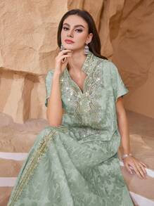 Al Najma 优雅奢华提花面料拼布高端亮片刺绣下摆宽松别致奢华女士连衣裙