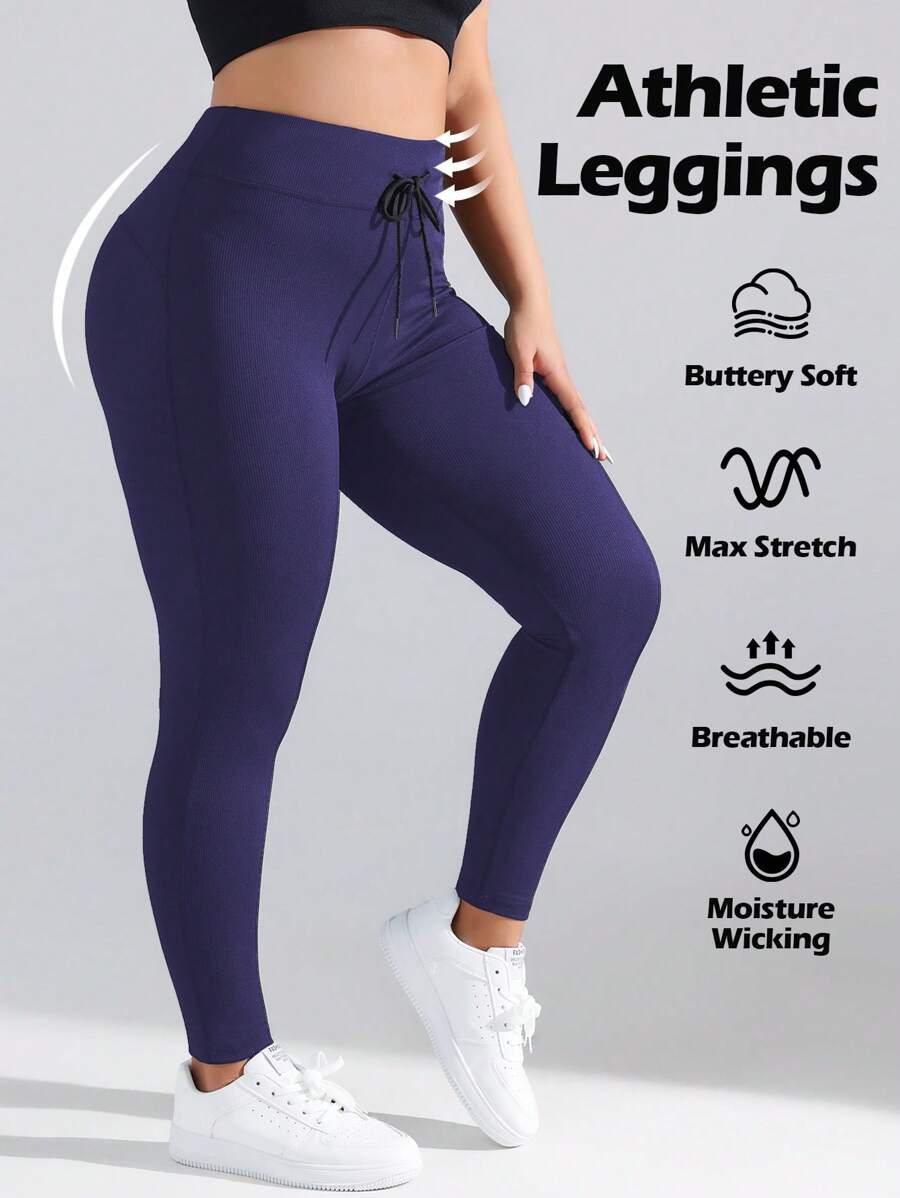 Easithlete Plus Size Women's Ribbed High Waist Drawstring Pants, Butt Lifting Base Layer Leggings - Navy Blue - View 1