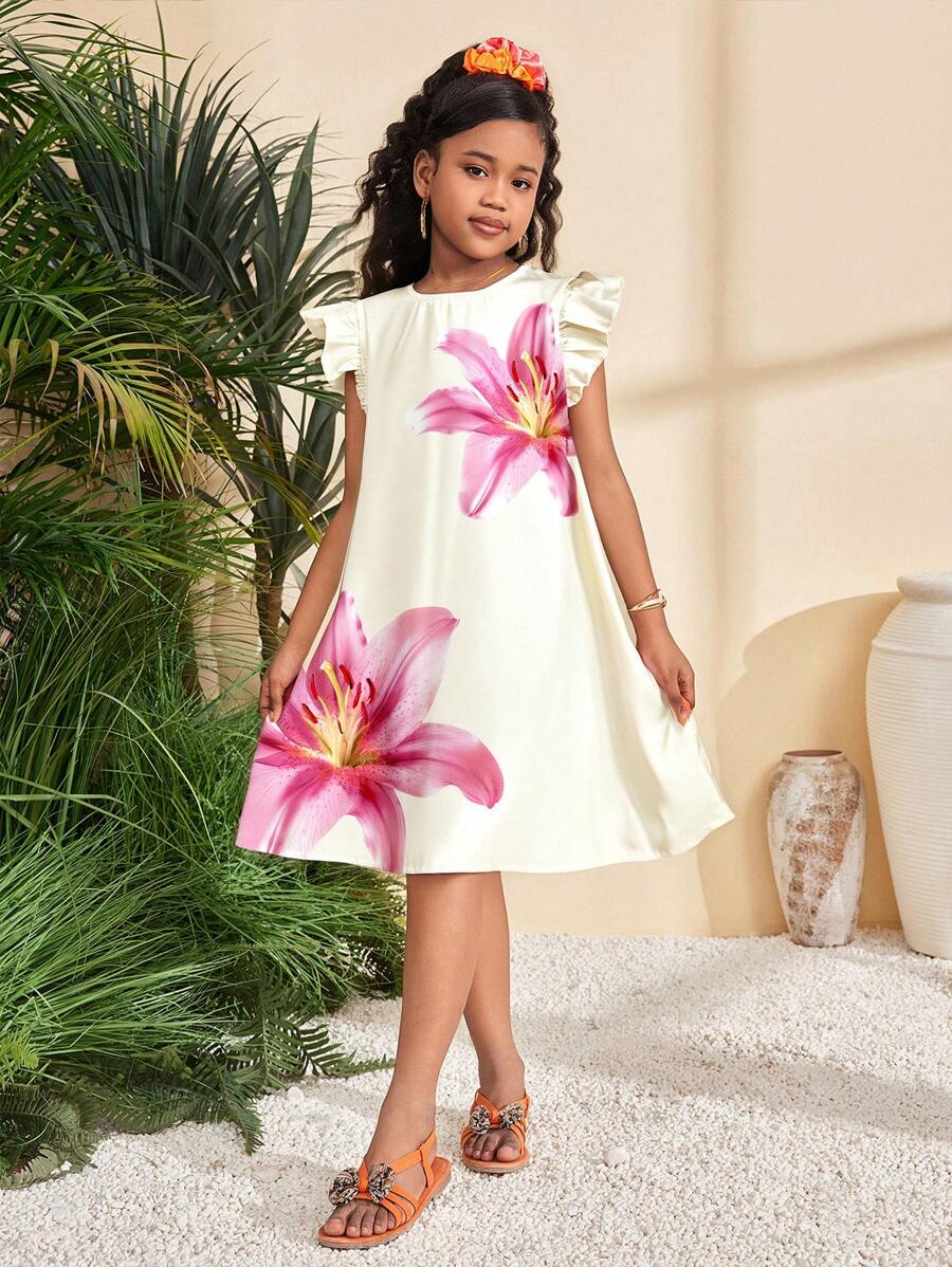 SHEIN Leap Crew Cream Large Floral Print Casual Floral Pattern Ruffle Sleeve Dress For Tween Girls, Suitable For Summer - Multicolor - View 1