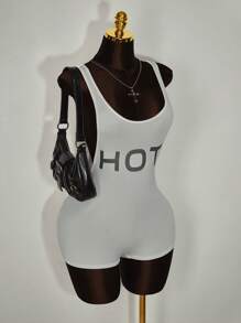 Amplova 狂欢节服装 女士夏季服装 女士个性化字母印花紧身透明连体衣 - 白色 - 查看 1