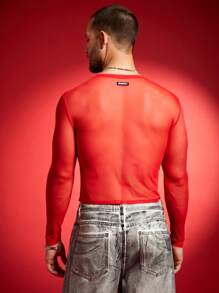 FeverCity Men's Sexy Lace Patchwork Sheer Crop Top T-Shirt - Red - View 2