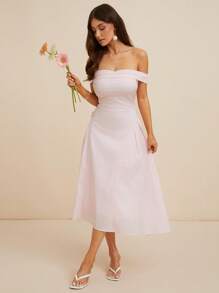 L'Amorae 优雅露肩淡粉色春夏喇叭细节中长太阳裙，女式复活节连衣裙，女士夏季服装 - 黃色 - 查看 4