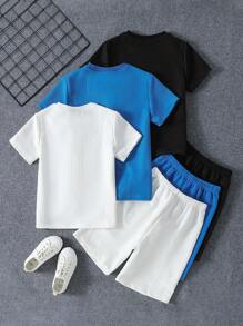 2pcs/Set Boys Crown & Letter Printed Solid Color Textured Crew Neck Short Sleeve T-Shirt And Shorts Set, 3-Piece Combo, Suitable For Summer, School, Campus, College - Multicolor - View 2