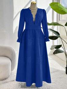 Flirla Plus Size Women Deep V-Neck Lace Patchwork A-Line Dress,Valentine - Blue - View 1