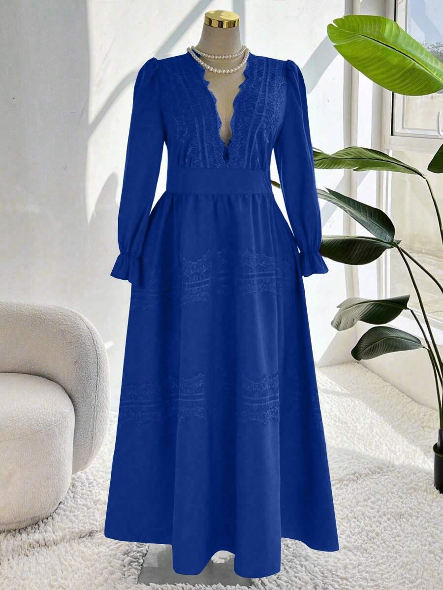 Flirla Plus Size Women Deep V-Neck Lace Patchwork A-Line Dress,Valentine - Blue - View 1