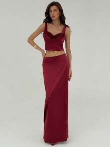 Aloruh 2 件套女士高腰紧身裙休闲套装，适合春季、夏季、秋季、冬季 - 酒紅色 - 查看 4