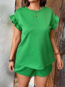 EMERY ROSE Plus Size Women 2pcs Set Casual Knitted Textured Round Neck Ruffle Sleeve Crop Top And Elastic Waist Shorts, Summer - Green - View 5