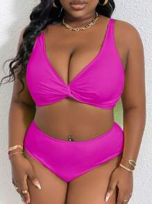 Slaydiva Plus Size Women 2 Pieces Twist Camisole Bikini Set, Fashion Casual Holiday Swimsuit For Summer Beach Vacation - Hot Pink - View 3