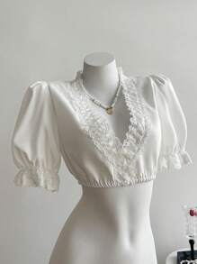 Elamini Solid Color Simple Fashion Casual Daily V-Neck Lace Blouse - White - View 1