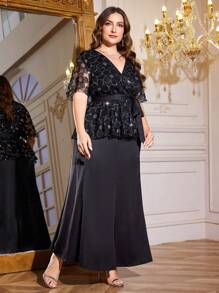 Modelyn Plus Size 2 Pieces Set With Elegant 3D Flower Decor In Special Fabric - Black - View 4