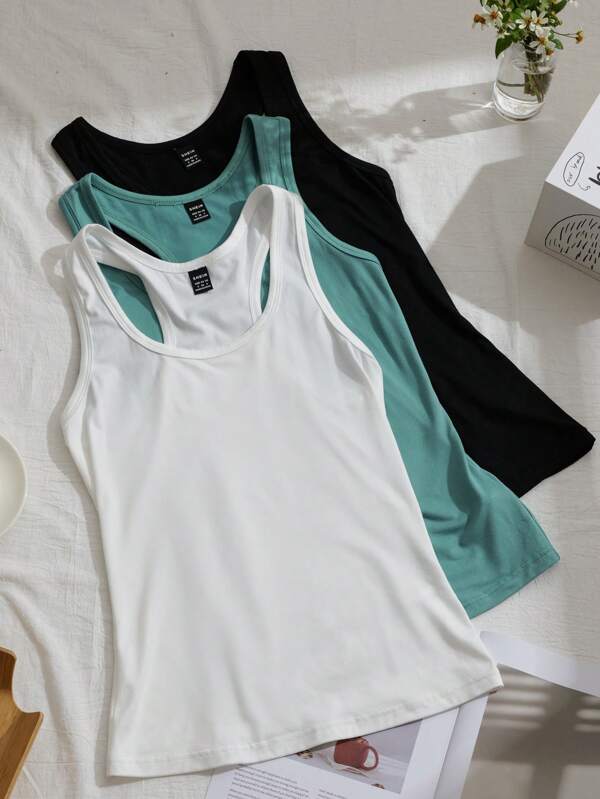 SHEIN EZwear Set de 3 tops deportivos sin mangas para mujer, camisetas de yoga con espalda de tirantes anchos, adecuados para el verano