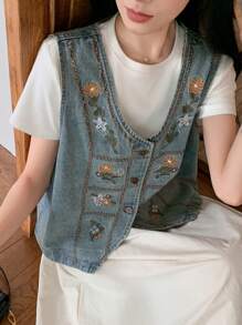 DAZY Women's Flower Embroidery Casual Loose Sleeveless Open Front Denim Jacket