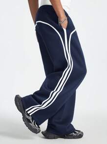 AXEPEAK Men's Loose Knit Waistband Patchwork Drawstring Straight Leg Sweatpants - Navy Blue - View 2