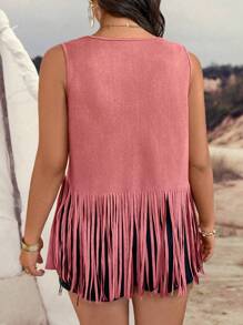 Breezaya Bohemian Style Fringes & Rivet Detail Jacket - Red - View 2