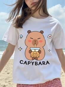 SHEIN 少女水豚喝珍珠奶茶印花圆领短袖可爱白色T恤