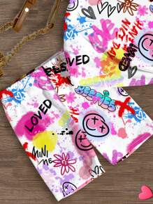 2pcs/Set Cute Graffiti Print, Young Girl Casual Minimalist Style Short Sleeve T-Shirt And Shorts Outfit, Suitable For Summer - Multicolor - View 4