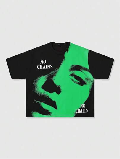 Grunge Punk تي شيرت أسلوب قصير بطبعة لرجال، بياقة منفوخة وجنب منسدل، موضة شارع رجعية