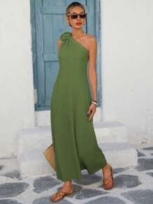 Breezaya Women's French Elegant Loose Casual/Office/Holiday Solid Color Linen Oblique Shoulder Sleeveless Dress With 3D Floral Decor And Side Slit