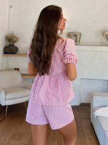 Cloudara Ensemble 2 pièces pour femme, chemise et short assortis, rayures, look décontracté d'été et de printemps, vacances, tissé