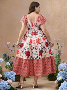 Flirla Simple Casual Vintage Positioning Print Cinched Waist Loose Fit Cap Sleeve A-Line Dress, Bohemian Dress For Beach Vacation