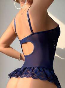 Snug Zone Valentine's Day Sexy Lace Contrast Mesh Ruffle Strap Bustiers And 4pcs Set With Mesh Stockings Underwear Outer For Going Out - Navy Blue - View 2
