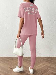 SHEIN 2 件套孕妇短袖圆领纯色 T 恤和裤子套装，简约时尚，适合夏季 - 粉色 - 查看 3