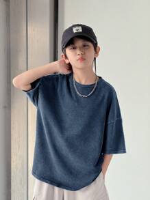 SHEIN 青少年男孩休闲韩版水洗色超大宽松圆领短袖针织 T 恤，适合学校、花园、海滩、生日派对、春季、夏季、秋季、冬季 - 藍色 - 查看 6