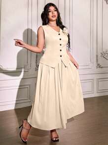 SHEIN Unity Bộ 2 chiếc áo vest và váy xếp li trang trí hoa cỡ lớn - Màu be - Xem 5